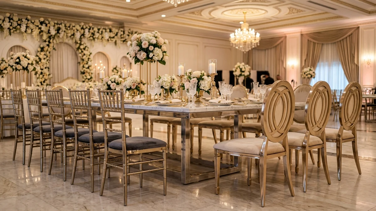 Luxury Commercial Banquet Furniture, Titanium Gold Chiavari Chairs, and Dior Medallion Seating