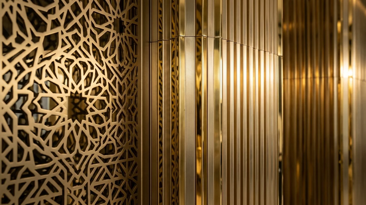 Cathodic Arc PVD Titanium Gold Laser-Cut Arabesque Jaali Screens and Fluted Architectural Wall Panels
