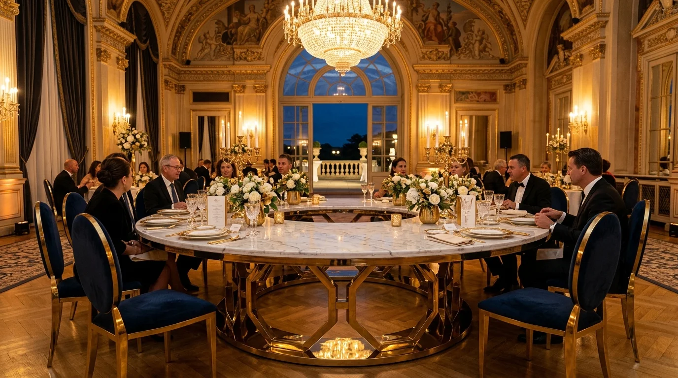 VIP Rectangular Head Dining Table (10ft) — Carrara White Marble & Rose Gold Polished (FD-TB-013)